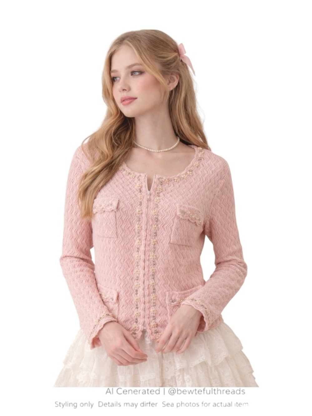 Blush Pink Beaded Knit Jacket Coquette Romantic Luxe Zip Cardigan S/M